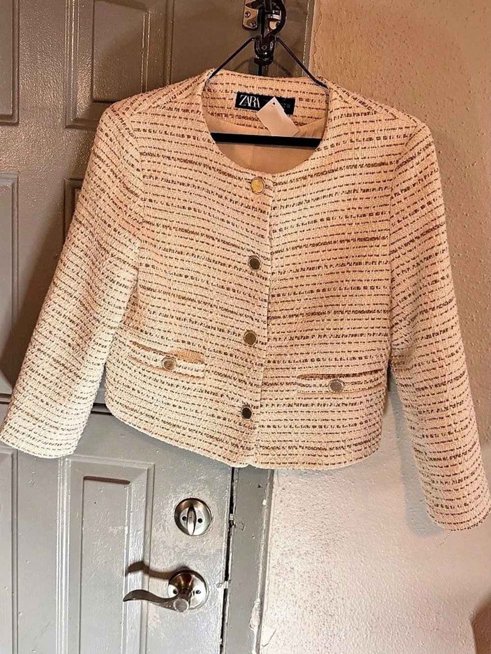 Zara Textured Metallic Thread Tweed Jacket White Medium